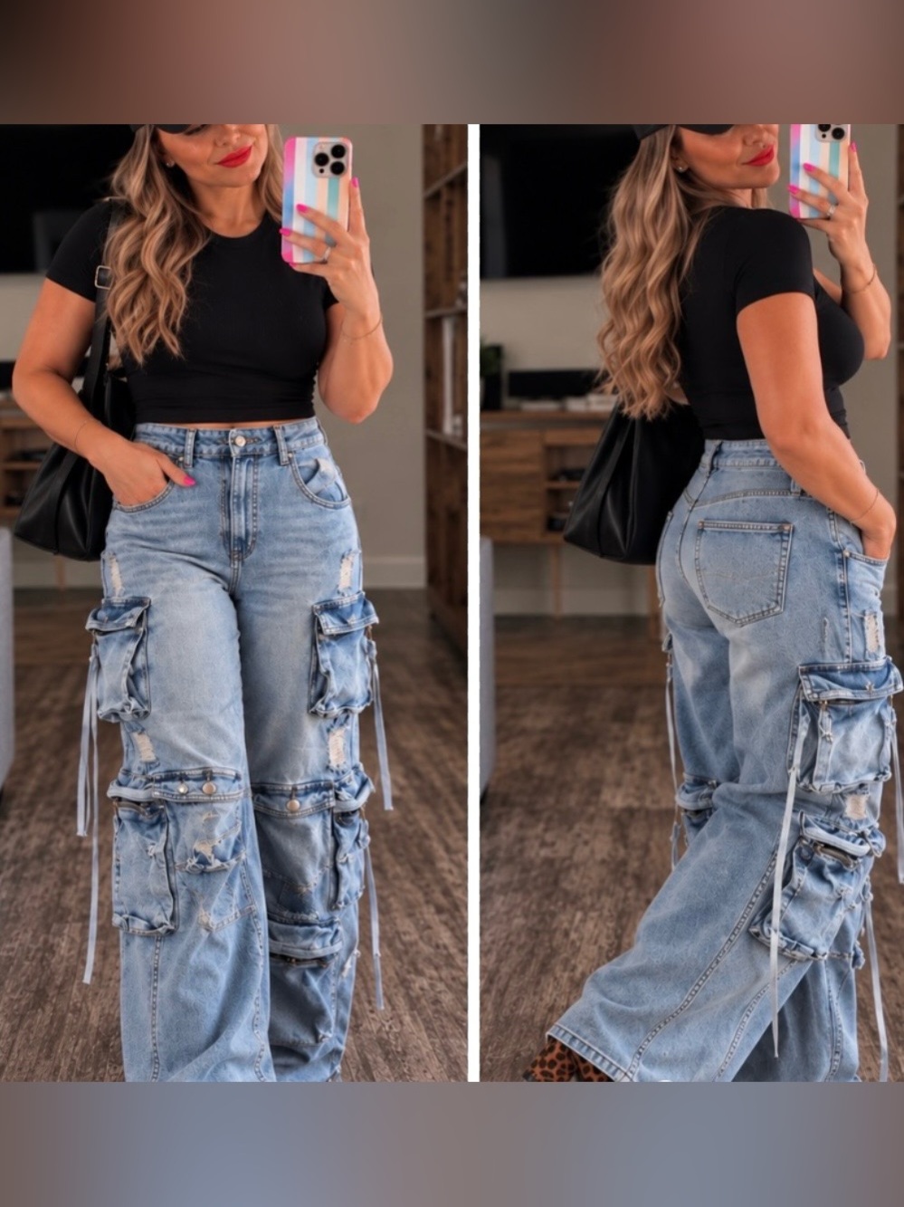 90s Y2K Baggy Distressed Cargo Jeans – Light Wash – New